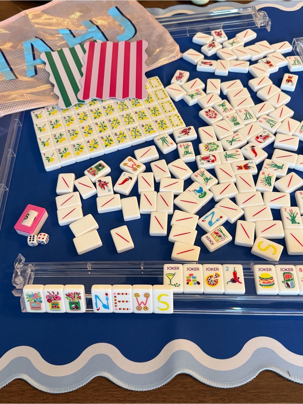 Mahjong Set with Tiles, mat, racks, dice